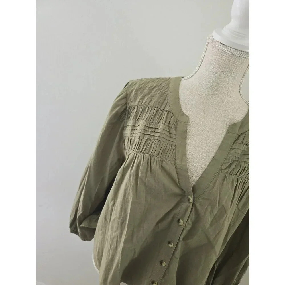 Cleobella River Pintuck Cotton Puff Sleeves Button Up Olive Green Blouse Top S - Picture 5 of 10